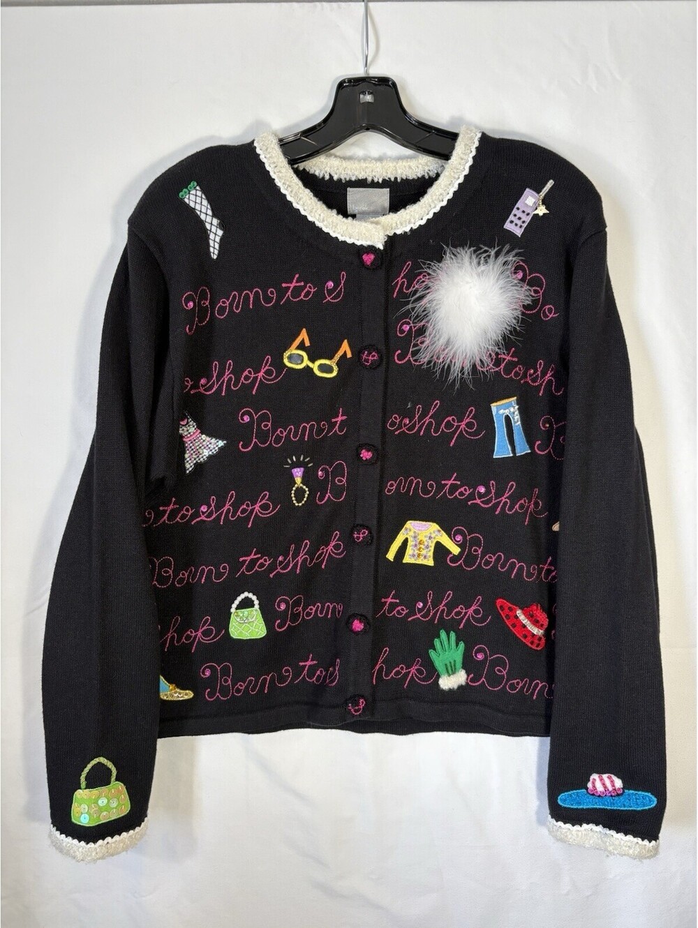 Berek XL Born To Shop Cardigan Sweater Novelty Faux Fur Ramie Embellished